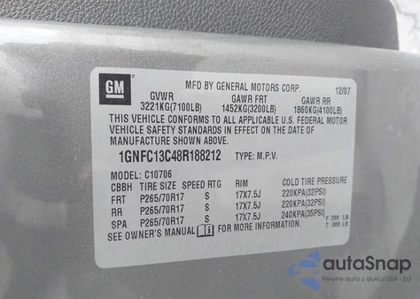 2008 Chevrolet Tahoe Ls z USA, uszkodzony, nr VIN 1GNFC13C48R188212